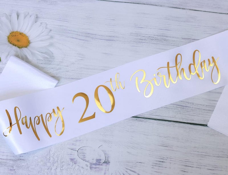 Docooniver Happy 20th Birthday Sash for Women,Men,Girls and Boys,It's my 20th Birthday Sash White with Gold Foil Lettering. - Image 2